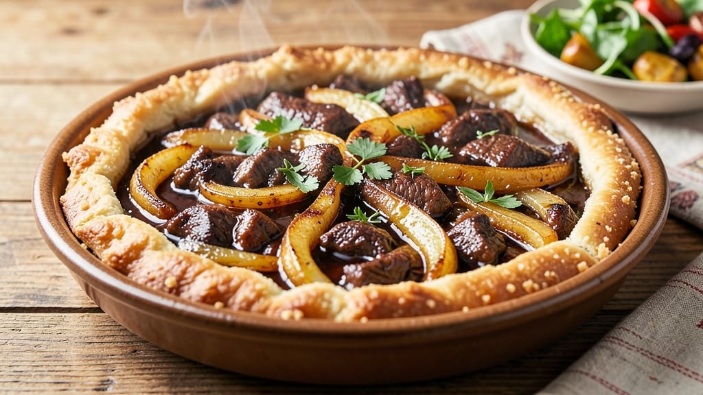 Beef and Onion Pie Recipe: Flaky Crust Encases Savory Beef and Caramelized Onions