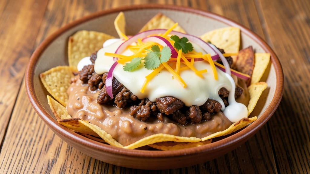 Beef and Bean Nachos Recipe: Crunchy Tortilla Stacks with Melted Cheese Rivers