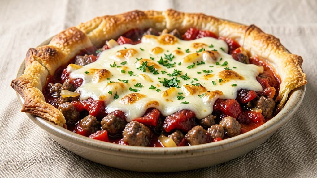 Beef and Tomato Pie Recipe: Flaky Crust Envelops Rich Meat Sauce