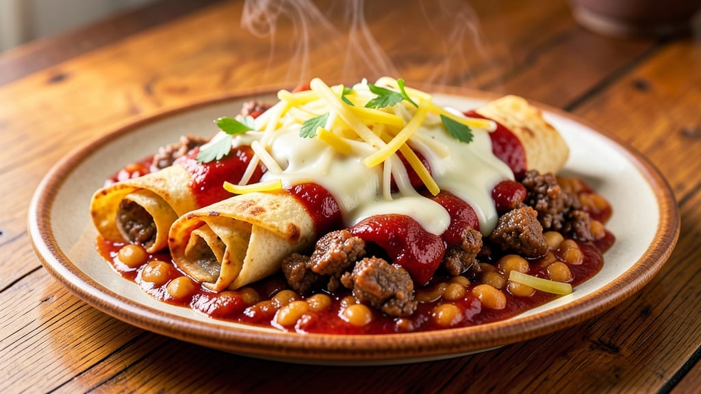 Beef and Refried Bean Enchiladas Recipe: Smoky Tortilla Layers with Melty Cheese Rivers