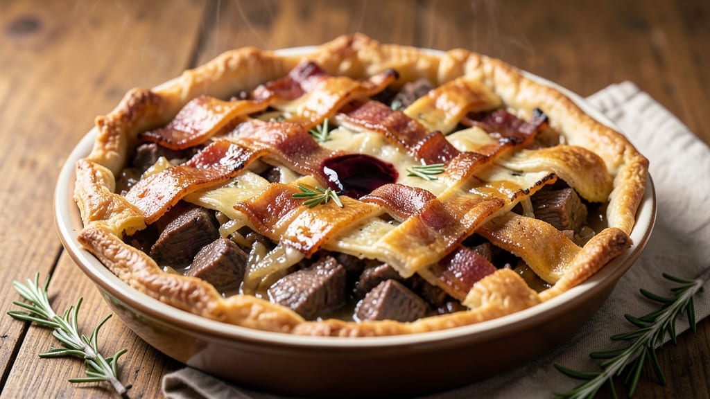 Beef and Bacon Pie Recipe: Flaky Pastry Crust Over Rich Meat Filling