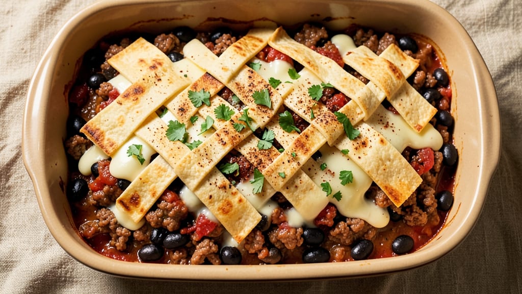 Beef and Cheese Enchilada Casserole Recipe: Crispy Tortilla Topping With Melted Cheese Rivers