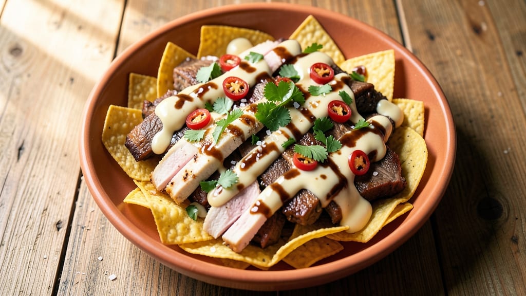 Beef and Chicken Nachos Recipe: Crispy Tortilla Stacks With Three Cheese Rivers