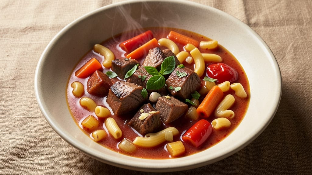 Beef and Tomato Macaroni Soup Recipe: Savory Beef Chunks and Al Dente Noodles