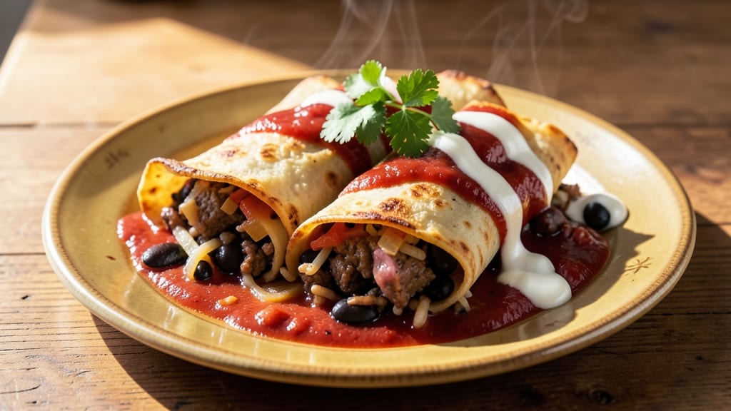 Beef Bean and Rice Enchiladas Recipe: Smoky Tortilla Layers with Melty Cheese Rivers