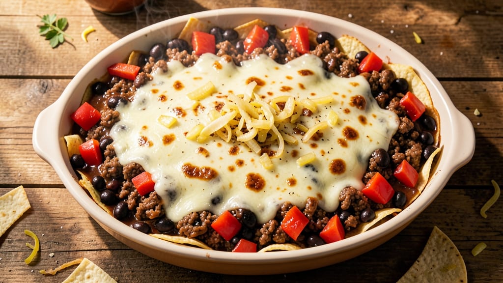 Beef and Black Bean Enchilada Casserole Recipe: Crispy Tortilla Topping With Melted Cheese Rivers