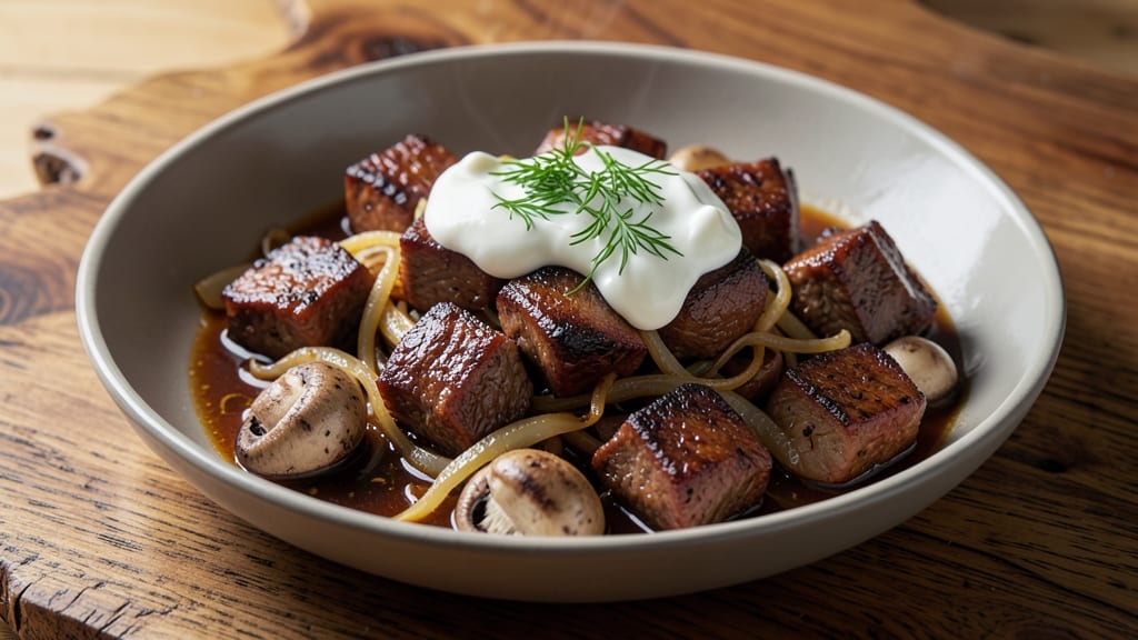 Authentic German Beef Stroganoff Recipe: Sour Cream Velouté Over Egg Noodles