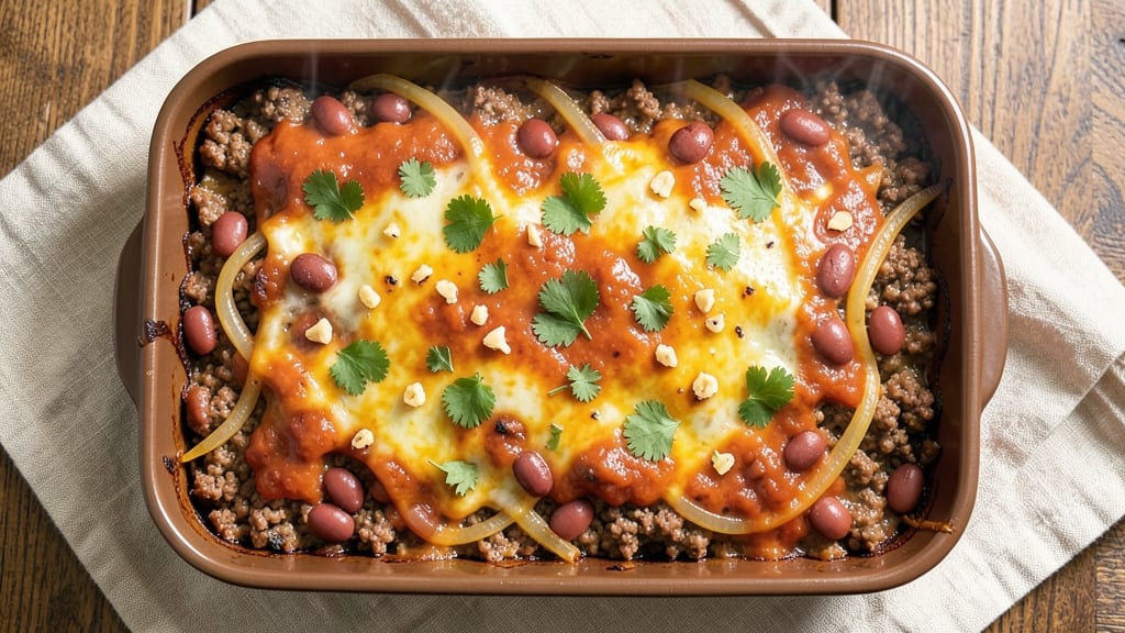 Beef and Bean Burrito Casserole Recipe: Crispy Tortilla Top, Melty Cheese Rivers