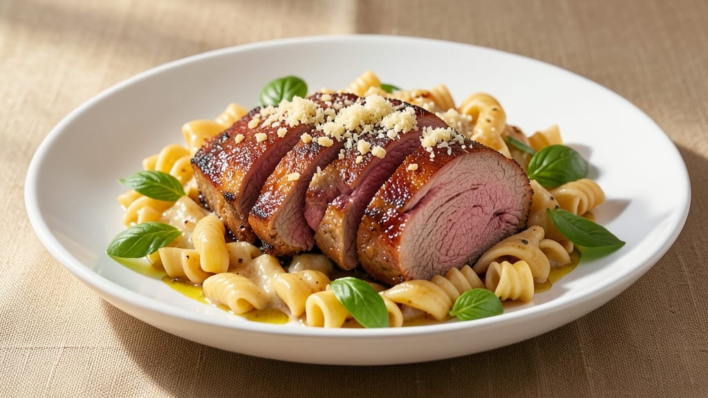 Beef and Rotini in Garlic Parmesan Sauce Recipe: Pasta Party Ready in 25 Minutes