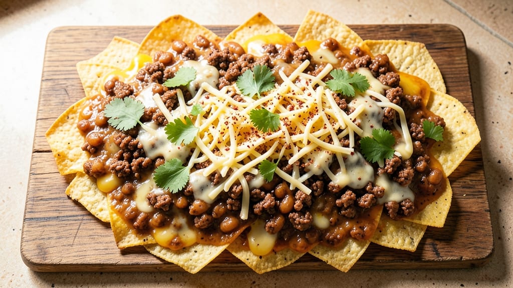 Beef Bean Cheese Nachos Recipe: Crispy Tortilla Stacks with Melted Cheese Rivers