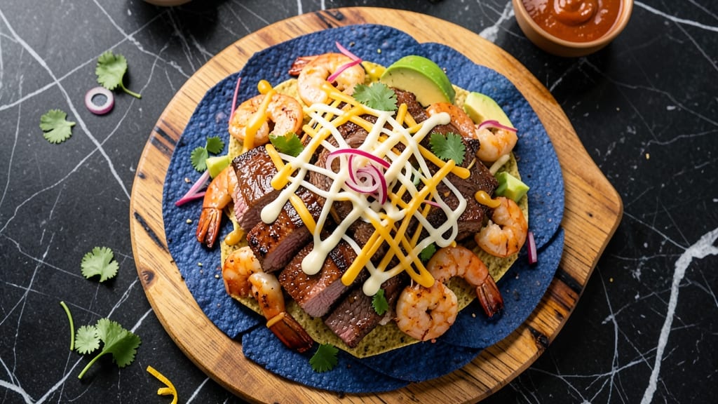 Beef and Shrimp Nachos Recipe: Crispy Tortilla Stacks Loaded With Melty Cheese and Zesty Toppings